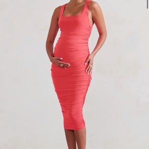 CORAL MATERNITY SQUARE NECK RUCHED MIDI DRESS